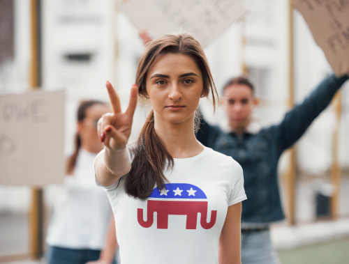 woman republican peace sign protest