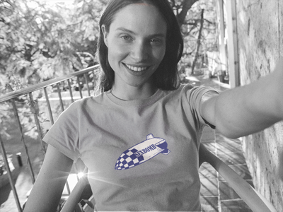 woman wearing tshirt with blimp graphic